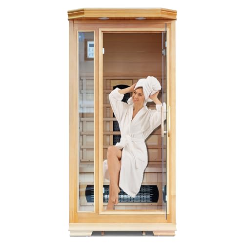 TOREAD Infrared Saunas for Home 1-2 Person Hemlock Wooden Outdoor Sauna Spa Beige