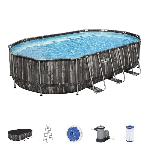 Bestway Power Steel Oval Metal Frame Above Ground Swimming Pool Set Gray Wood Print