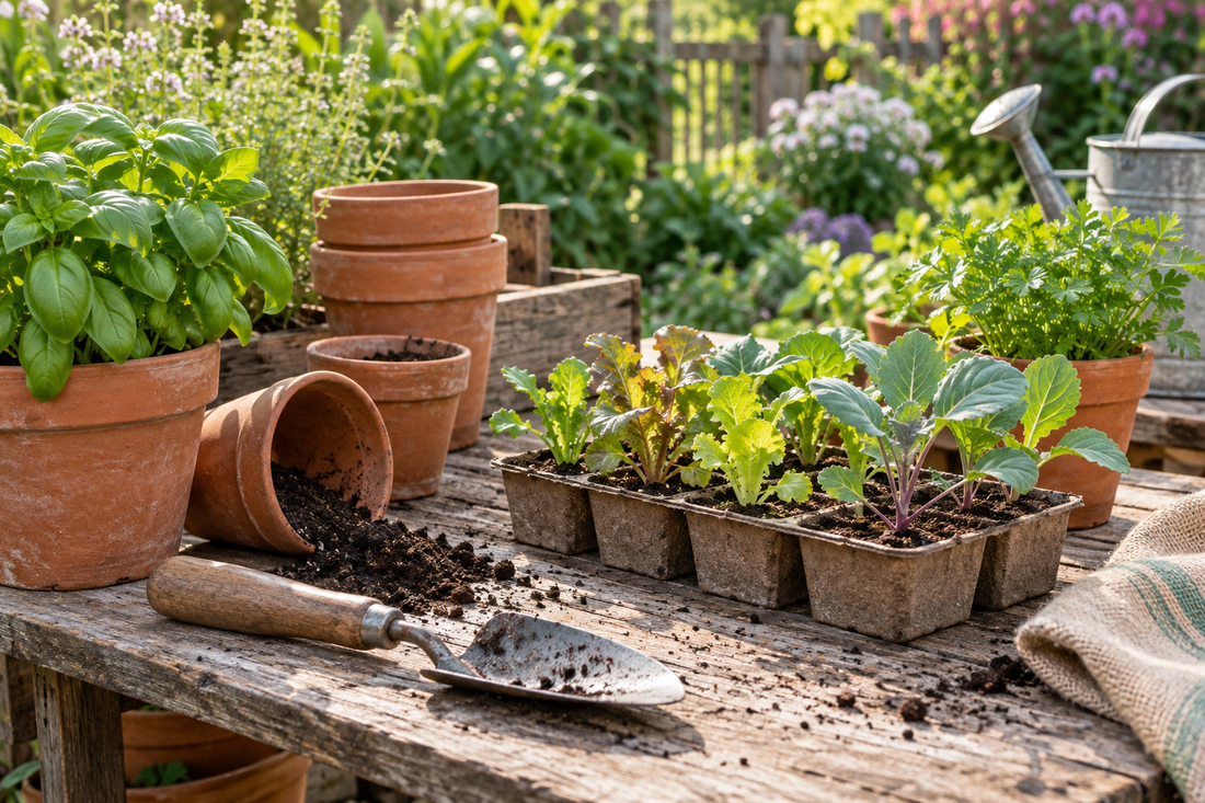 Plants, Seeds & Bulbs: illustrative seedlings, terracotta pots and hand tools on a potting bench