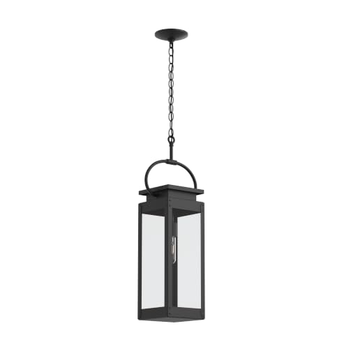Progress Lighting Union Square, 27.375 Inch 1-Light Outdoor Hanging Pendant Light, Farmhouse, Black with Clear Glass Panels, (7" Sq x 27.375" H), P550018-031