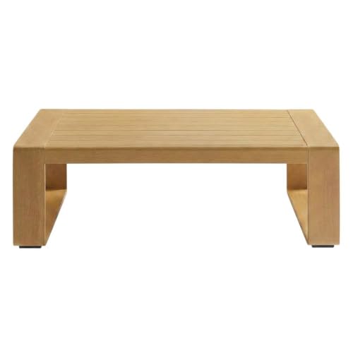 Outdoor Escape Aluminum Faux Wood Outdoor Coffee Table with Slatted Top, Rectangular Patio Coffee Table for Deck, Porch and Balcony, Natural