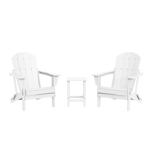 WestinTrends Malibu 3-Pieces Adirondack Chairs Set with Side Table, All Weather Outdoor Seating Plastic Patio Lawn Chair Folding for Outside Porch Deck Backyard, White
