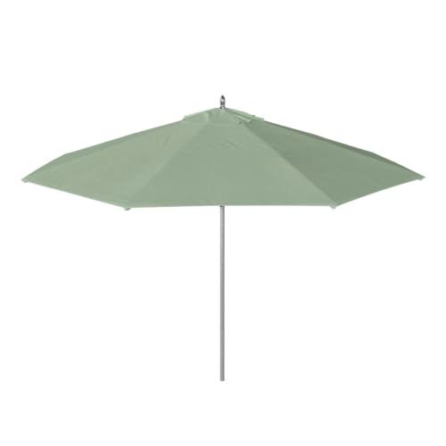 OROTLECT 11 Foot Grey Wood Aluminum Patio Umbrella With Fiberglass Ribs And Pulley Lift In Spectrum Mist Sunbrella