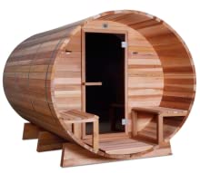 Carbonized Wood Outdoor Barrel Sauna with Front Porch, 4-6 Person Round suana Room, with 6KW Wet or Dry Heater-Ship from US(Supports Truck Delivery,Also Pickup Yourself from US Warehouse)