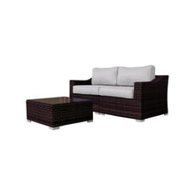 Homyee Wicker Loveseat and Coffee Table Set with Aluminum Frame for Backyard, Lawn, Outdoor Conversation Set with Tempered Glass Tabletop and Soft Cushions for Poolside