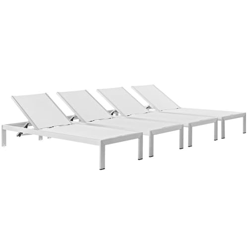 Pemberly Row Modern Aluminum Patio Chaise Lounge Set, 76" x 25", Silver/White Finish, Breathable Textilene Mesh, Adjustable Recliner, Wheels and Foot Caps, Set of 4 Outdoor Loungers for Relaxation