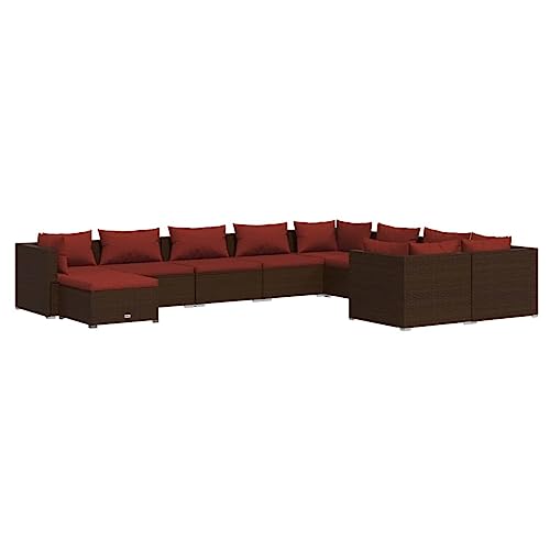 KPOUTRFG 10-Piece Garden Lounge Set with Removable Cushions in Brown and Cinnamon Red for Patio Seating, Weather-Resistant PE Rattan Outdoor Furniture