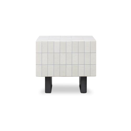 NADAAL STUDIOS Isadora Outdoor Side Table, Square, Concrete, Glossy Tile Finish, Metal-Look Base, Water Resistant, Scratch Resistant, Cream