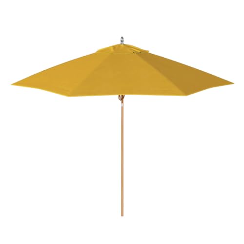 OROTLECT 9 Foot Teak Aluminum Patio Umbrella With Fiberglass Ribs And Pulley Lift In Sunflower Yellow Sunbrella