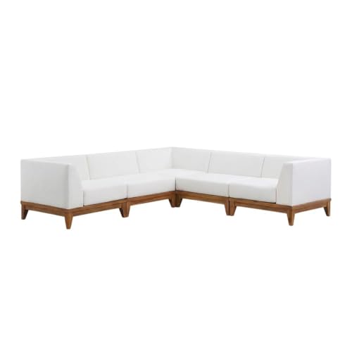 Outdoor Escape White Fabric Outdoor Patio Modular Sectional with Acacia Wood Finish, Contemporary Style, Comfortable Arm Height, Durable Construction