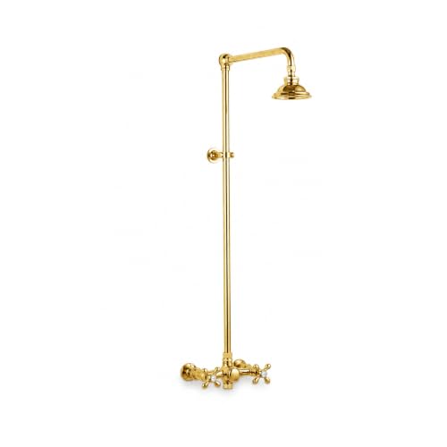 Outdoor Exposed Shower System 36"Wall Mounted Set with 12"Shower Head and Cross Handels in Unlacquered Polished Brass