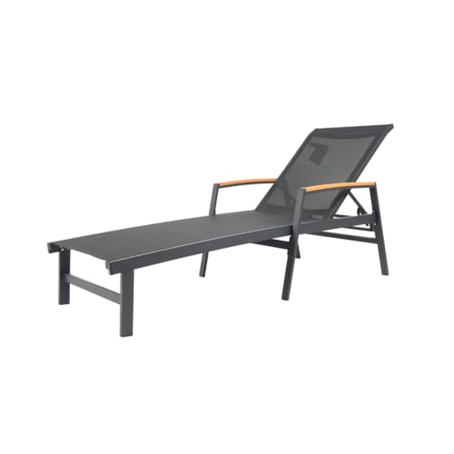 Hassyee All Weather Outdoor Chaise Lounge w/Aluminum Frame for Poolside, Sunbathing Lounger w/Mesh Seating for Balcony, Patio Reclining Sunbed w/Adjustable Backrest for Porch (Black-Set of 1)