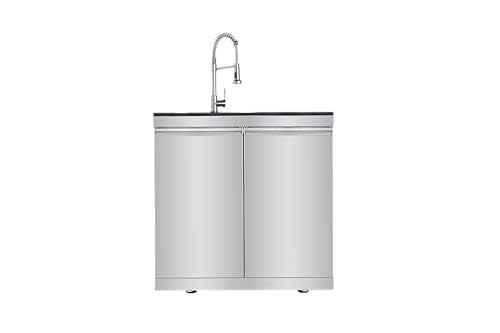 Stainless Steel Outdoor Kitchen Island Sink Cabinet with Double Doors, Tap, Granite Countertop, 304 Basin, Drainer, Wheels, Adjustable Legs for Patio Garden Barbecue Prep Storage Station (Silver)