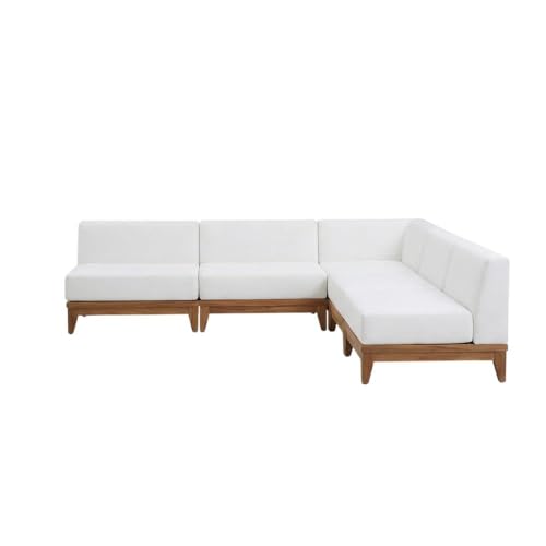 Outdoor Escape White Fabric Modular Outdoor Patio Sectional, Acacia Wood Finish, Cushioned Seating, Outdoor Living Furniture