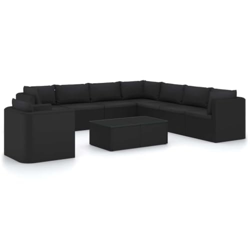 YUOGHRTFE 10 Piece Patio Lounge Set with Cushions, Black Poly Rattan