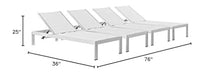 Pemberly Row Modern Aluminum Patio Chaise Lounge Set, 76" x 25", Silver/White Finish, Breathable Textilene Mesh, Adjustable Recliner, Wheels and Foot Caps, Set of 4 Outdoor Loungers for Relaxation