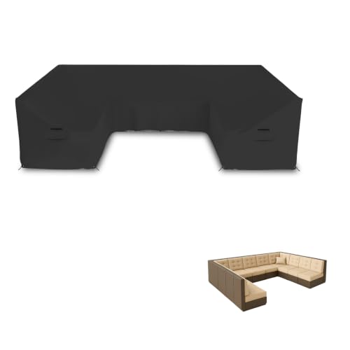 Seal Skin Covers U Shaped Sectional Covers, Waterproof UV Resistant Patio Furniture Protector with Breathable Vents, Handles & Drawcord, Black, 126" L x 63" W x 28" H