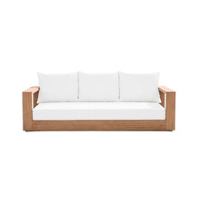 Outdoor Escape White Fabric Outdoor Sofa, Contemporary Style, Cushioned Seat with Pillow, Teak Finish, Spacious 87-Inch Width
