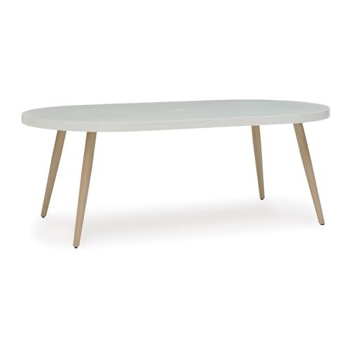 Signature Design by Ashley Seton Creek Casual Aluminum Outdoor Dining Table with Umbrella Hole and Cover Cap, White & Light Brown