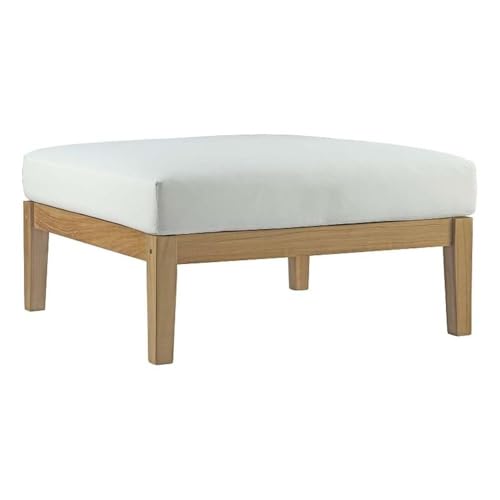 Pemberly Row Outdoor Patio Ottoman, Solid Teak Wood, Natural/White Finish, 17.5" H x 34.5" W x 34.5" D, Water and UV-Resistant Cushions, Machine Washable Cover, Durable Outdoor Footrest for Patio Use