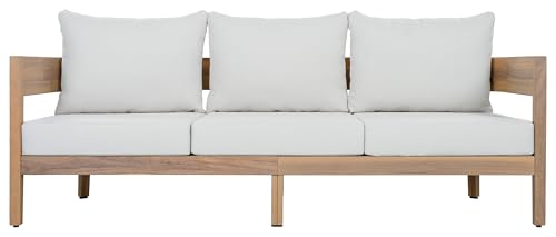 SAFAVIEH Outdoor - Theo 3-Seat Sofa - Oak & Ivory - Solid Wood with Cushion - Mid-Century Slatted Design - Ideal for Patio, Deck, Porch, Backyard, 15" Seat Height (PAT7092B)