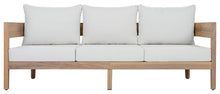 SAFAVIEH Outdoor - Theo 3-Seat Sofa - Oak & Ivory - Solid Wood with Cushion - Mid-Century Slatted Design - Ideal for Patio, Deck, Porch, Backyard, 15" Seat Height (PAT7092B)