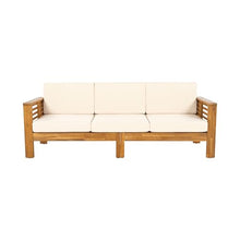 Merax 3 Piece Acacia Wood Patio Furniture Set, Outdoor Sectional Sofa Set with Coffee Table, 4 Seats Sofa Deep Seating with Soft Cushions for Garden, Backyard, Teak & Cream