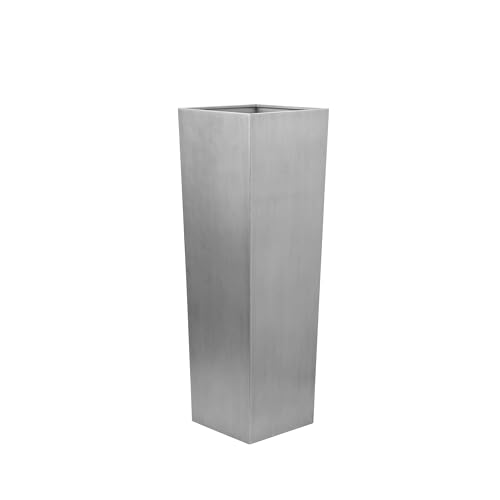 Benzara Zeny 48 Inch Tall Planter Vase with Hidden Insert, Tapered Barrel, Silver