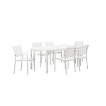 Pemberly Row Contemporary Aluminum Patio Dining Set, 13-Piece, White Finish, Includes 6 Stackable Chairs, 1 Table with Umbrella Hole, 6 Loungers with Wheels, Weather-Resistant Outdoor Furniture