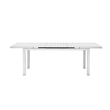 Benzara Meta 95 Inch Extendable Dining Table, White Aluminum Frame, Plank Top