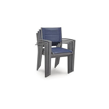 Signature Design by Ashley Point Bonita Set of 4 Outdoor Chairs with Padded Sling Seat, Stackable Aluminum Lounge Chairs for Patio and Porch Seating, Gray Frame with Blue Sling