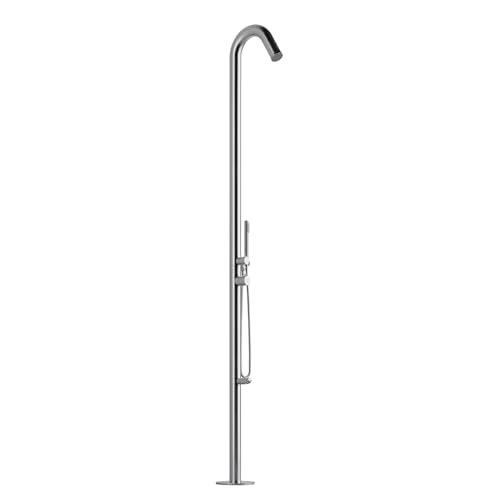 Wave Freestanding Brushed Stainless Steel Outdoor Shower Kit with Hot Water - Floor-Mounted Outside Shower Kit with Rain Shower Head, Wand Handshower, Foot Rinse Spout | Pool Showers for Outside