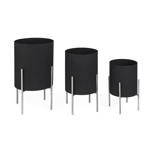 HomeRoots Set of Two Black Metal 20 Ounce Round Pot Planters