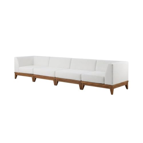 Outdoor Escape White Fabric Outdoor Patio Modular Sofa, Acacia Wood Finish, Spacious 131-Inch Width, Comfortable Seat, All-Weather Design