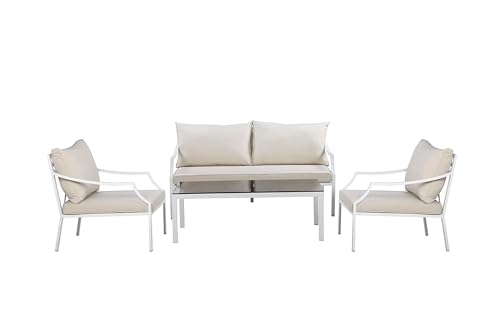 Pemberly Row 4-Piece Modern Outdoor Sofa Set, Aluminum Frame, White Finish, Includes 2 Chairs, 1 Sofa, 1 Coffee Table with Tinted Glass, Fade Resistant, Built for Patio or Backyard Lounge Spaces