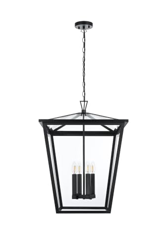 ARS Concepts 27" Outdoor Hanging Light, Iron and Glass, Black, Exterior Pendant Fixture for Porch Patio Entryway