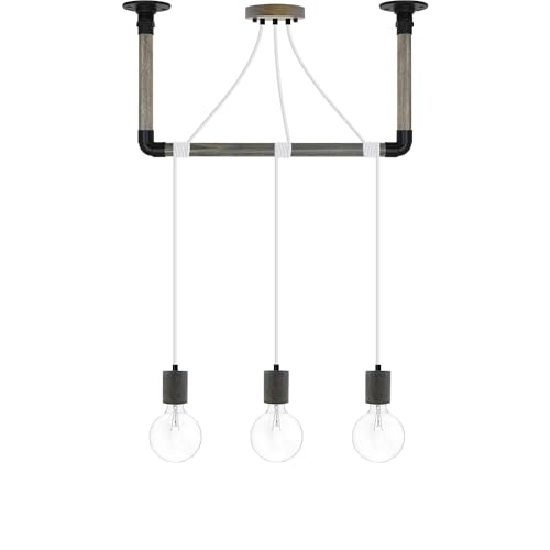 White and Grey Wood Pendant Light Wrap with Grey Wood and Black Ceiling Bracket - Hangout Lighting - 3 Pendants