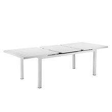 Benzara Meta 95 Inch Extendable Dining Table, White Aluminum Frame, Plank Top