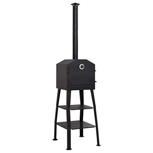 Outdoor Charcoal Pizza Oven, Backyard Steel Wood Fired Grill with 2 Fireclay Stones, Removable Ash Tray, Built-in Thermometer, Black
