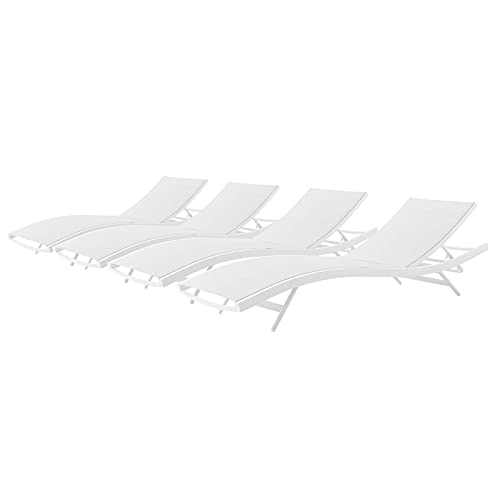 Lounge Chair Chaise, Set of 4, Aluminum, Metal, White, Modern, Outdoor Patio Balcony Cafe Bistro