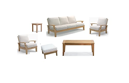 WholesaleTeak Somer 6 Pc Sofa Set: Sofa, 2 Lounge Chairs, Ottoman, Sack Coffee Table & Sack Side Table with Cushions in Sunbrella Fabric #57003 Canvas White #12SO6