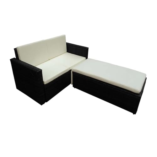 PPXCZZ 2-Piece Patio Lounge Set with Cushions & Built-in Storage Bin, Poly Rattan Love-Seat & Coffee Table, Outdoor Furniture Set – Brown