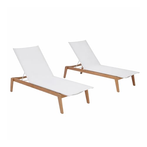POVL Outdoor Menlo Stacking Teak & Sling Chaise Lounge Set of 2 — Grade A Teak Adjustable Pool Chairs with Wheels & 5-Position Backrest — Luxury Fully Assembled Poolside Furniture (White)