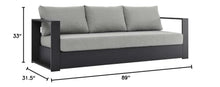 Pemberly Row Modern Outdoor Sofa, Powder-Coated Aluminum Frame with Gray Stain-Resistant Water-Resistant Fabric Cushions, 89" W x 31.5" D x 33" H, Dense Foam Padding, Weatherproof Patio or Poolside