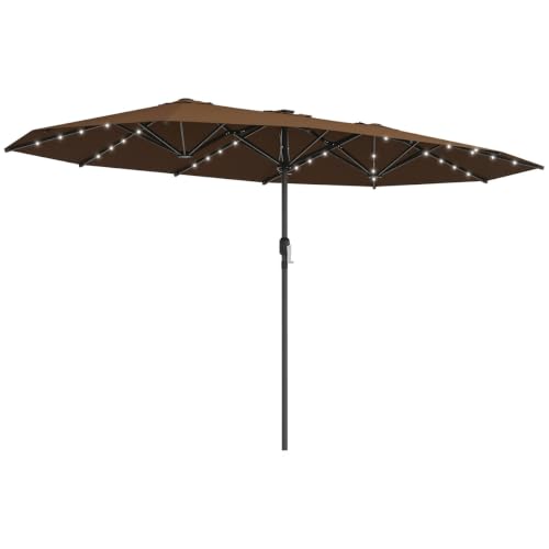 14.8FT Double-Sided Patio Sun Umbrella with 48 Solar LED Lights, Coffee Outdoor Garden Parasol with Vented Double Canopy, 12 Steel Ribs & Crank Operation, Water-Resistant Shade for Patio Backyard