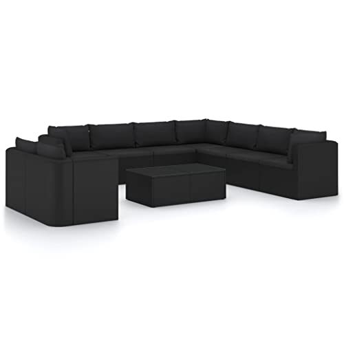 GFMGUEMV 11 Piece Patio Lounge Set with Cushions, Black Wicker PE Rattan Modular Furniture with Tempered Glass Coffee Table
