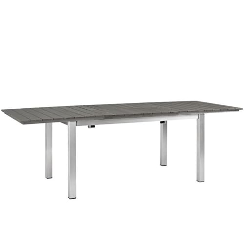 Pemberly Row Modern Patio Dining Table, 30 in Height, Aluminum/Wood, Gray Finish, 62.5-94 in Extendable, Collapsible Panel, Black Foot Caps, Outdoor Table for Backyard or Patio Dining