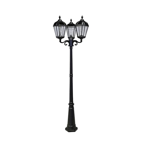 Gama Sonic Royal Bulb Solar Lamp Post Light Kit, 89 inch Tall, Outdoor Triple Head Black Cast Aluminum, Rain Water Glass Light Pole, Warm White 2700K 98B50003 (Upgraded Panel)