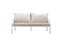 Pemberly Row 4-Piece Modern Outdoor Sofa Set, Aluminum Frame, White Finish, Includes 2 Chairs, 1 Sofa, 1 Coffee Table with Tinted Glass, Fade Resistant, Built for Patio or Backyard Lounge Spaces
