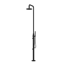 Pipeline Freestanding 316 Matte Black Stainless Steel Outdoor Shower Kit with Hot Water - Floor-Mounted Outside Shower Kit with Rain Showerhead, Wand Handshower, Foot Spout | Pool Showers for Outside